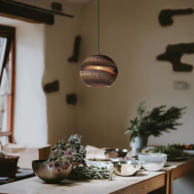 Edvivi Pendant Light with Nordic Style Globe Paper Shade, 1-Light 10.25 in. Dia Natural Brown Cardboard Chandelier, Adjustable Hanging Light Fixture for Dining Table, No Bulbs Included