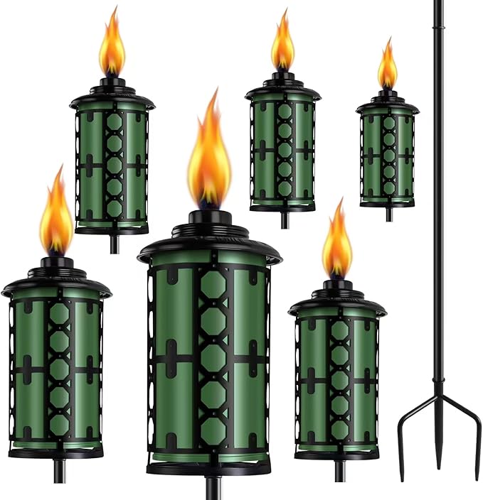 16oz Home Garden Torch, 6 Pack Outdoor Metal Torch Garden Décor,59-Inch Upgraded Citronella Torches with 3-Prong Grounded Stake, Metal Light Torches for Party Patio Pathway