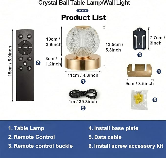 Rechargeable Crystal Bedside Lamp, Cordless Table Lamp with Remote & Touch Control, 3600mAh Fast Charging, 3 Color Dimmable Wall Mountable Night Light for Bedroom Home Decor(Gold)