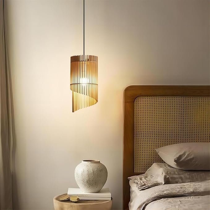 LIGHTLAND 7.9 Inch Wabi-sabi Style Pendant Light, Wooden Hanging Lamp, Vintage Japanese Style Hanging Light, Pendant Lamp for Bedroom, Dining Room, Bar (Pack of 1)