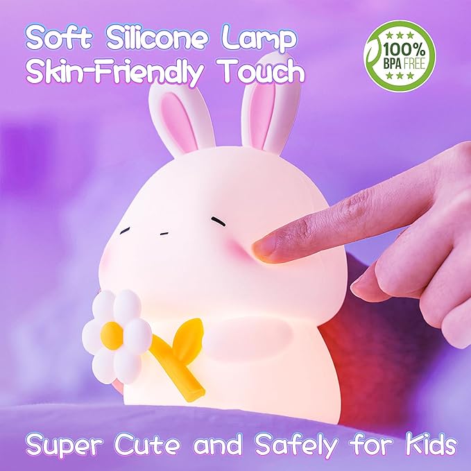 Cute Bunny Night Light for Kids, 7 Colors Squishy Silicone Touch Lamps, 3 Level Dimmable Rabbit Nursery Nightlight, 1200mAh Rechargeable Easter Gifts for Baby Toddler Girls Boys Room Decor