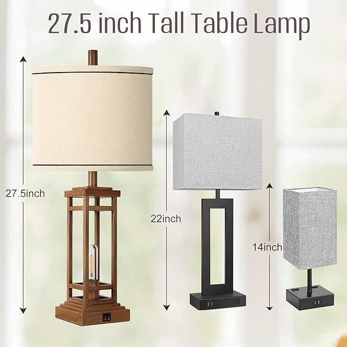 ROTTOGOON 27.5 Tall Farmhouse Table Lamp with USB C + USB A Charge Ports, Rustic Living Room Lamp, Black Industrial End Table Lamp for Bedroom Living Room Nightstand (Wood)