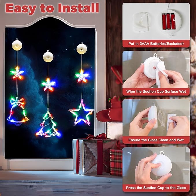 suddus 3Pcs Christmas Window Lights with Timer, Battery Operated LED Xmas Decorations with Suction Cup Hooks, Star, Bell & Tree Shaped Indoor Hanging Lights for Window Wall Holiday Party (Multicolor)