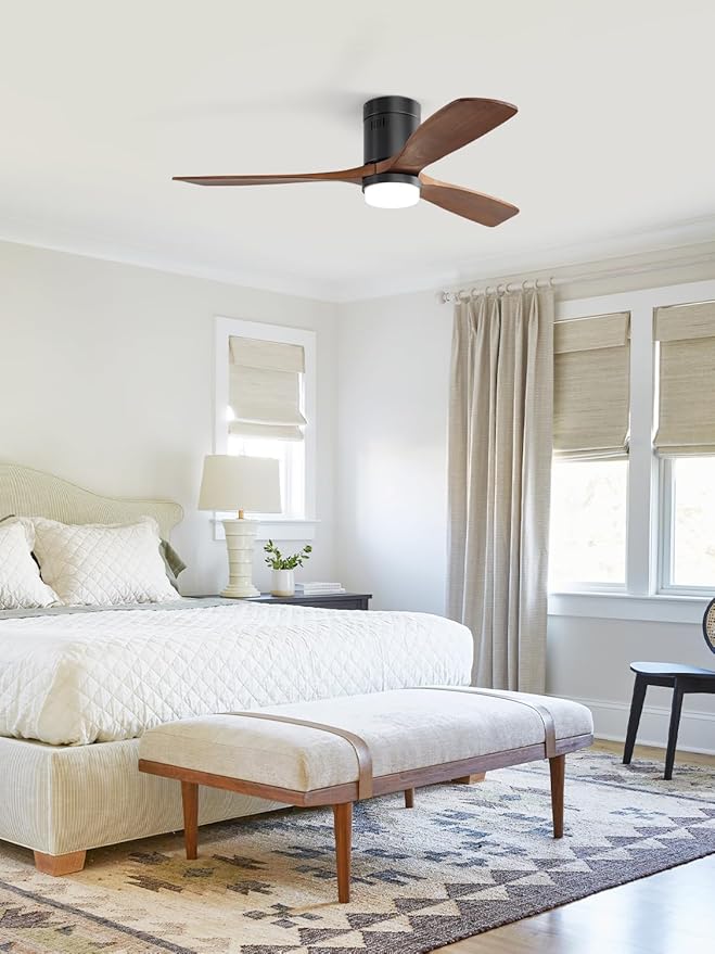 Sofucor 52 Inch Ceiling Fan with Lights and Remote, Flush Mount Low Profile Wood Ceiling Fan for Indoor Farmhouse Bedroom Living Room Outdoor Patio Porch, 3 Blades, Reversible DC Motor, Brown