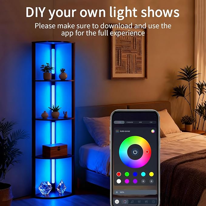 RGBCW Floor Lamp with Shelves, Smart Modern Floor Lamp with Music Sync, LED Color Changing Corner Display Shelf Lamp, Tall Lamps for Living Room and Bedroom, Bookshelf Lamp, Brown