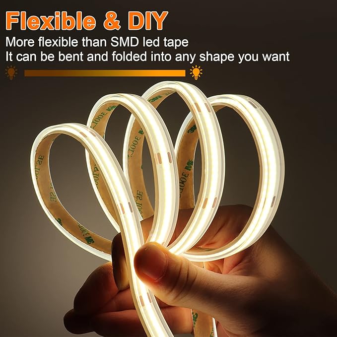 IP68 Waterproof COB LED Strip Light, 16.4FT 12V 3000K 480 LEDs/m CRI>90, Flexible Cuttable Tape Light for Outdoor Bathroom Swimming Pool Decoration (No Power Supply)
