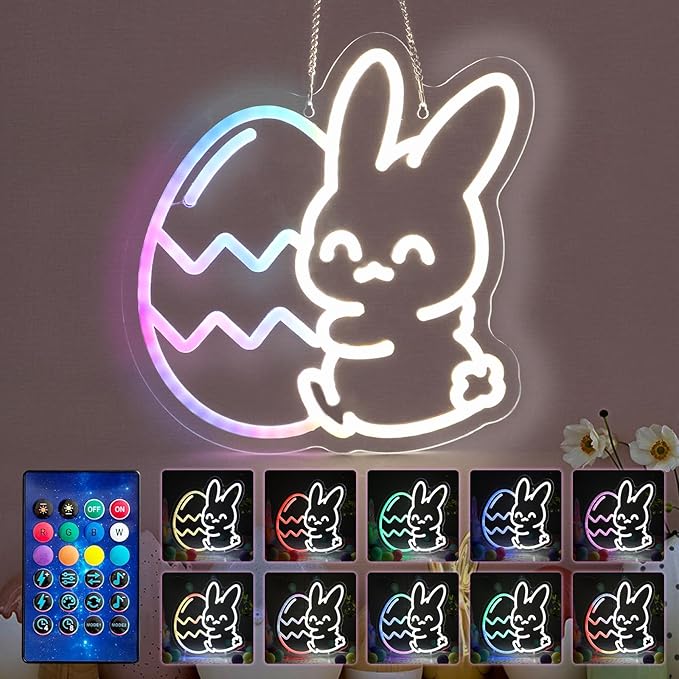 Easter Neon Lights, Bunny and Egg lights, Multicolor Lights with Dynamic Effect Neon Sign, Remote Control Sign USB Powered, Home Decorations Indoor for Party Wall Window Table Easter Decor
