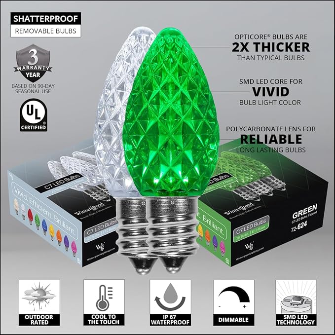 Wintergreen Lighting 50 C7 OptiCore Green and White Commercial Christmas Lights – Heavy Duty Outdoor LED Bulbs for Holiday Light Displays; 18 Gauge Green Wire (50 ft)