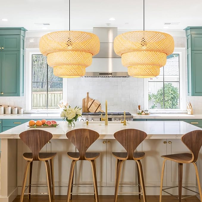 Bamboo Pendant Light,18.5" Boho Rattan Hanging Light 3-Tier Hand Woven Wicker Chandelier for Kitchen Island for Kitchen Island Dining Bedroom Living Room Restaurants