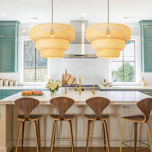 Bamboo Pendant Light,18.5" Boho Rattan Hanging Light 3-Tier Hand Woven Wicker Chandelier for Kitchen Island for Kitchen Island Dining Bedroom Living Room Restaurants