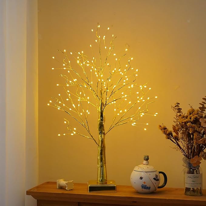 144 LED Artificial Tree Lamp with Timer, DIY Birch Tree with LED Lights, Lighted up Tree Lamp USB/3 AA Battery Powered, Fairy Light Spirit Tree for Table Home Wedding Bedroom Christmas (Gold)