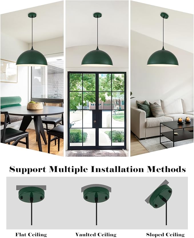 16 inch Green Pendant Light 2 Pack, Hammered Large Industrial Pendant Lights Kitchen Island, Green Dome Pendant Light for Kitchen Island, Dining Room, Bar
