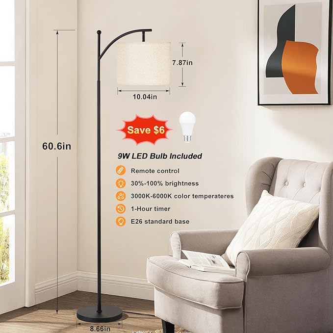 Ambimall 60" Floor Lamps with Remote Control & Bulb, Colors Temperature & Brightness Adjustable, Deep Beige Shade & Black Pole