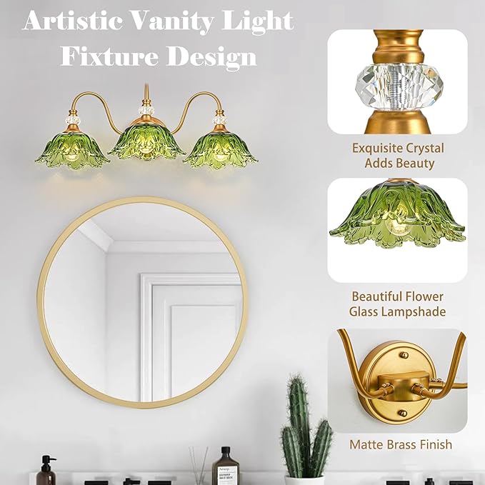 Vintage Bathroom Vanity Light, 3-Light Matte Brass Finish Vanity Light with Floral Green Glass Shades, Retro Wall Sconce for Bathroom, Dressing Table
