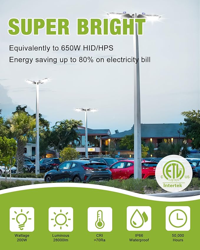 YXL LED Parking Lot Light, 200W LED Shoebox Light with Dusk to Dawn Photocell,28000LM 5000K Daylight Arm Mount, IP65 Waterproof, LED Area Light for Parking Lot Sports Stadium