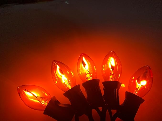 Halloween Flicker Flame Light Bulbs, C7 Clear Replacement Bulbs Dances with Orange Flame, Great for Halloween Party Outdoor Indoor String Light, E12 Candlestick Base, 25 Pack