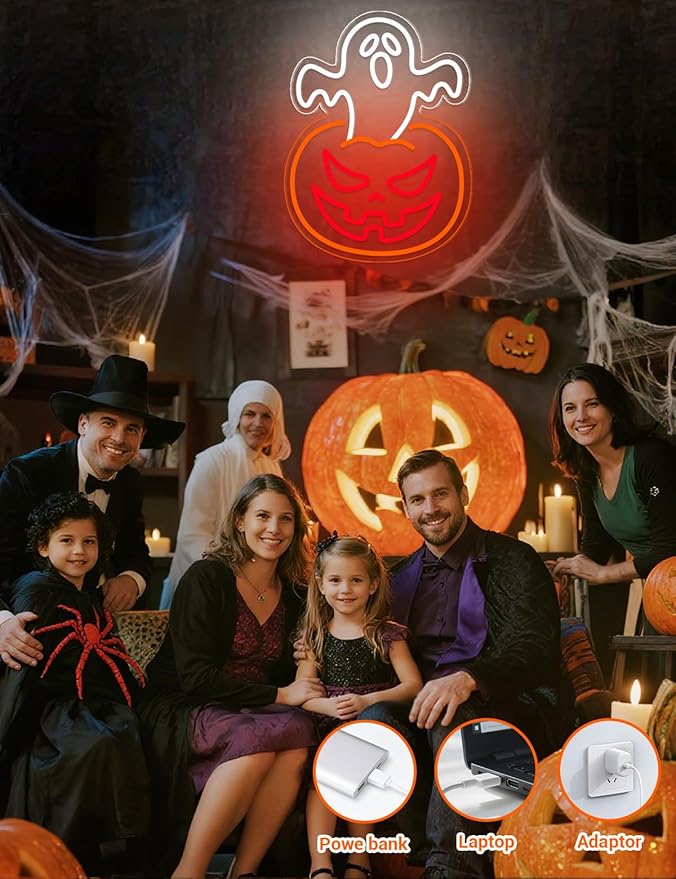 Ghost Pumpkin Halloween Window Lights Neon Signs for Indoor Wall Decor, Halloween LED Neon Light Decoration Sign for Party Doors Window (Ghost Pumpkin)