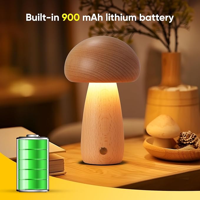 Wooden Mushroom Lamp for Bedroom, Portable Cordless Small Rechargeable Battery Operated Lamp,Stepless Dimming, Night Light for Birthday Gifts