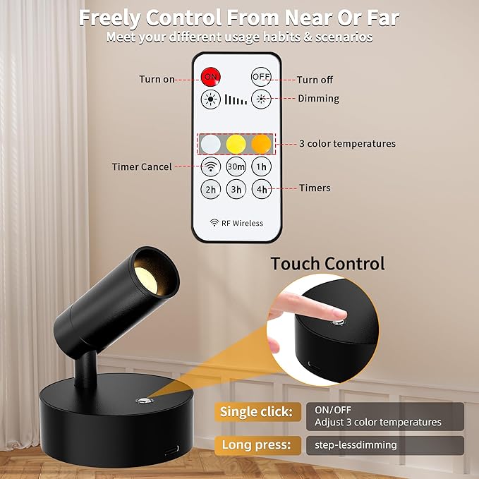 GORDNWE LED Rechargeable Spotlight Indoor, Battery Operated Spot Lights with Remote Control & Timer, Small Dimmable Wireless Wall Lamp Accent Lighting for Pictures Plant Artwork Reading Black 2 Pack