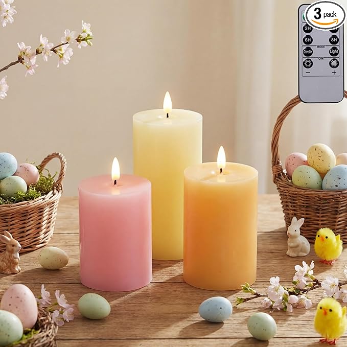 3 Pcs Easter Flameless Candles Battery Operated LED Flickering Pillar Candles with Remote Real Wax Pastel Spring Table Decor for Easter Party Wedding Table Centerpiece Home Decorations