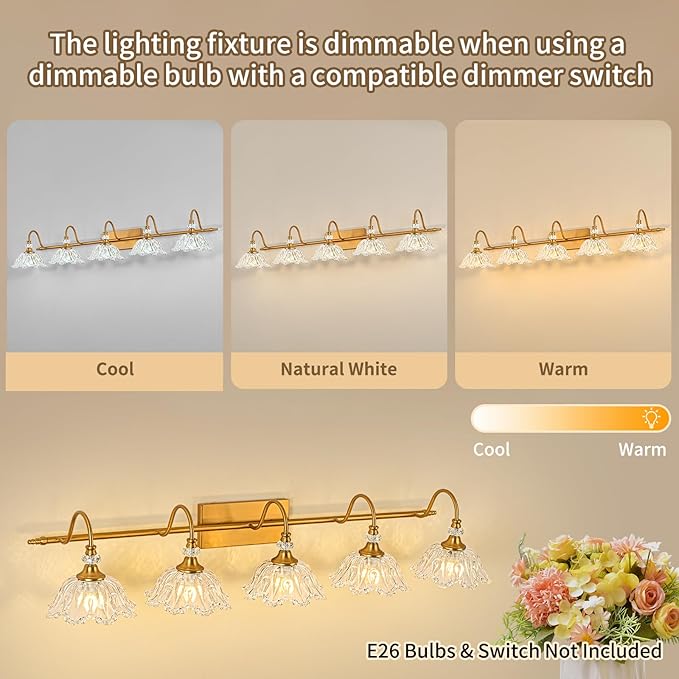 Vintage Bathroom Vanity Light, 5-Light Matte Brass Finish Vanity Light with Floral Clear Glass Shades, Retro Wall Mount Lighting for Bathroom, Dressing Table