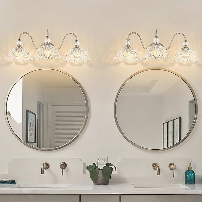 Brushed Nickel 3-Light Bathroom Vanity Light with Floral Clear Glass Shades, Brushed Nickel Wall Mount Lighting for Bathroom, Dressing Table