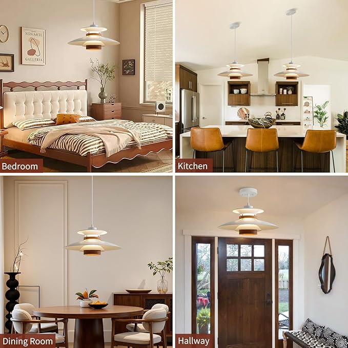 Modern Decor Adjustable Pendant Lamp Kitchen Island, Aluminum and Wood Finish,1-Light E26 Base Ceiling Hanging Light for Dining Room Shop Restaurant (White+Dark Wood Grain, 40cm)