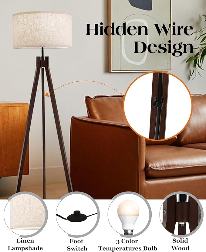 ELYONA Wood Tripod Floor Lamp for Bedroom, 3 Color Temperatures & Linen Shade, Modern Reading Standing Lamp with 9W LED Bulb, Mid Century Night Light for Farmhouse, Living Room, Office, Walnut