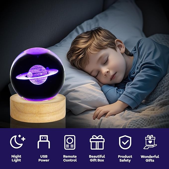 3D Saturn Crystal Ball Night Light 2.4in Saturn Planet Glass Sphere Lamps Decor with 16 Colors Change Remote Control Galaxy Birthday Christmas Gifts for Friends Kids