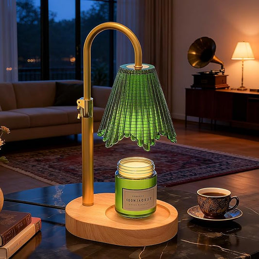 Candle Warmer Lamp with Adjustable Height - Flameless 4-Level Dimmable Wax Warmer with Colorful Glass Shade & Wooden Base, Timer Function & Stylish Design in Multiple Colors (Green 2)