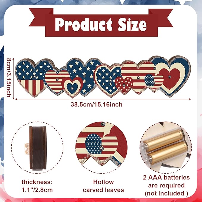 Yousoontic 4th of July Decorations Retro Patriotic Table Centerpieces with LED Lights Memorial Day Heart Wooden Sign Decor 3D Block Red White Blue Decor for 250th Anniversary Home Mantel Desk Party