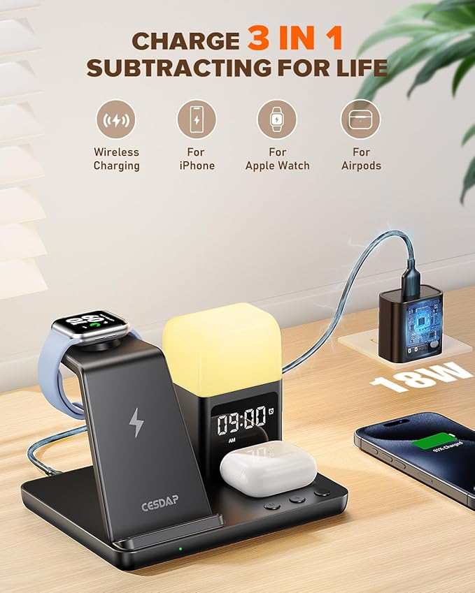 6 in 1 Wireless Charging Station for Apple Charging Station for Multiple Devices with Alarm Clock and Night Light nightstand for iPhone 16 15 14 13 for Apple Watch Best Gift for Your Loved Ones