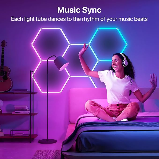 HYPERLITE Hexagon Garage Lights: 5 Grid RGB Hexagon LED Lights with Music Sync Mode, App & Remote Control, Multi-Color Honeycomb Light for Gaming Room, Gym, Garage