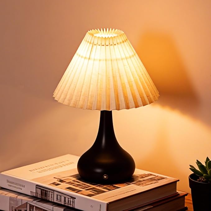 MJ PREMIER Cordless Lamp, Rechargeable Table Lamp with Touch Control, Metal Base, Easy Assembly, Stepless Dimming Pleated Lamps for Bedroom/Tabletop/Corner/Entryway (White)