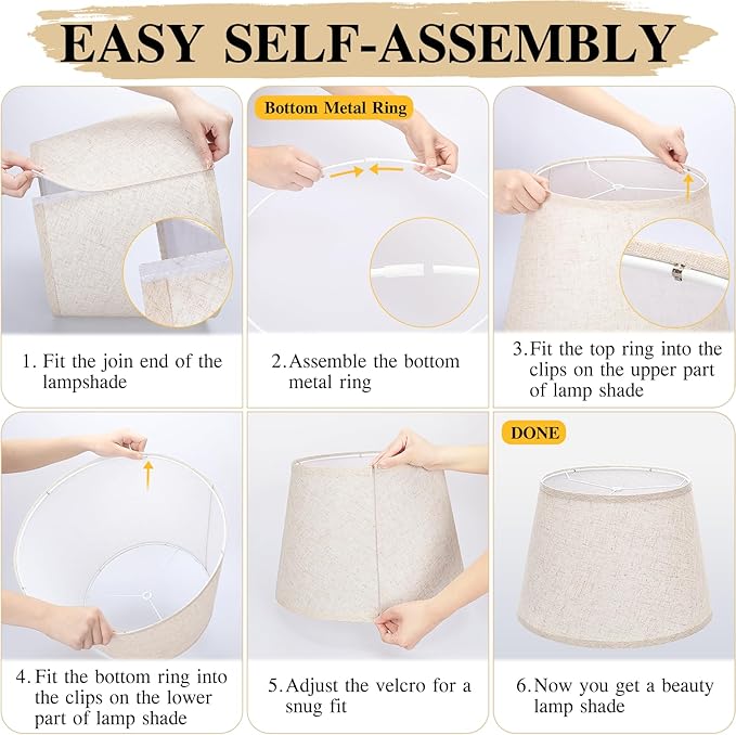 Large Drum Lamp Shades Set of 2, 12"Top x 16"Bottom x 11"High, Beige Lampshades for Table Lamps Floor Lamps, Natural Linen Replacement Lamp Shades, Spider, Harp Holders Included, Easy Assembly