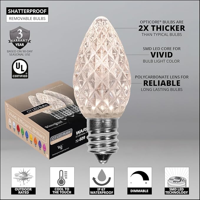 25 C7 Opticore Commercial Warm White Christmas Lights - Outdoor LED Heavy Duty Bulbs for Patio, Party, Holiday, Bedroom on SPT1 18 Gauge Green Wire (25 ft)