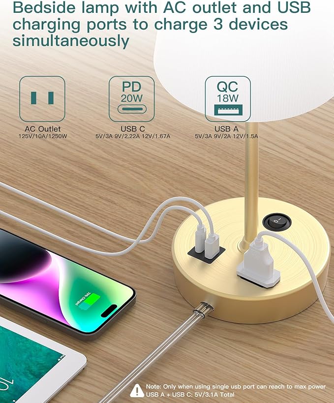 Addtam Bedside Table Lamp for Bedroom, 3-Way Dimmable Lamp with AC Outlet and USB C Charging Ports(PD 20W), Lamps with Shade for Night Stands, Living Room, Desk, and Home Office