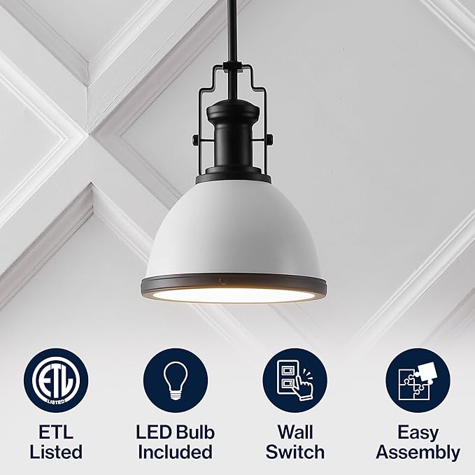 JONATHAN Y 10" Matte Black/White Modern Industrial Iron LED Dome Pendant Light, Adjustable Hanging Fixture for Kitchen Island or Entryway, Black Metal Shade, LED Bulb Included (JYL9535E)