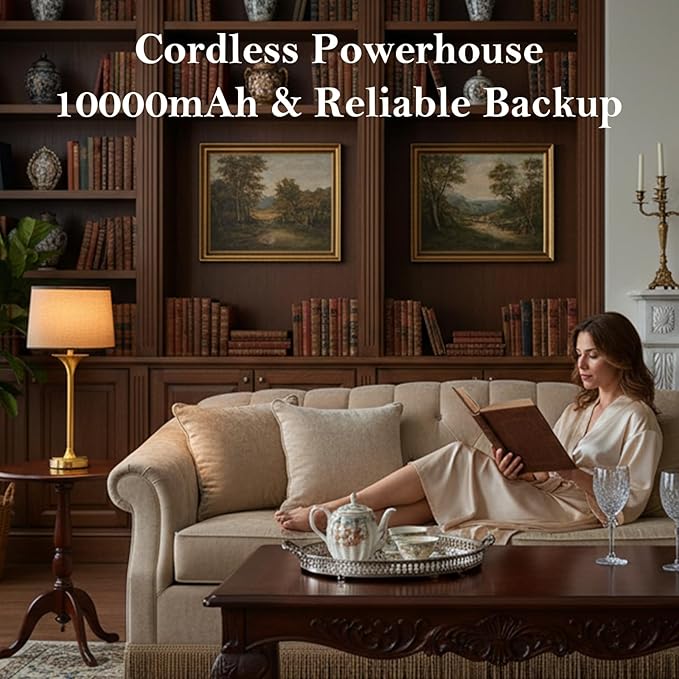 Mid Century Modern Cordless Table Lamp Set of 2, Gold Glam Table Lamp with Tapered Fabric Shade, Classic Elegant Table Lamp for Living Room Bedroom Entryway Console, Detachable Magnetic Bulb, 10000mAh