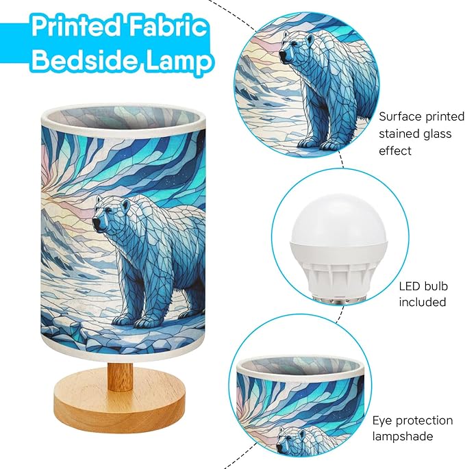 Polar Bear Table Lamp LED 3-Color Pressed Bedside, Polar Bear Shade Lamp with Wood Base for Bedroom Living Room Desk Office TL01