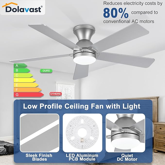 Ceiling Fans with Lights and Remote, 48 Inch Ceiling Fan with Light, Low Profile, Reversible, Dimmable LED, Flush Mount, Quiet, DC Motor, Nickel Ceiling Fan for Bedroom, Kitchen, Dining Room