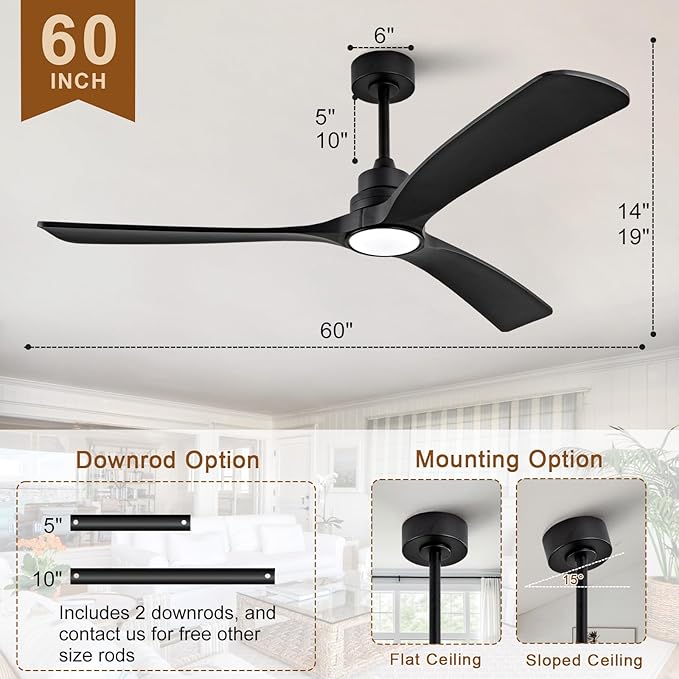 Ceiling Fan with Light,60 inch Solid Wood Ceiling Fan with Remote Control,Wall Switch,Dimmable,Reversible Quiet DC Motor,Power Off Memory Indoor Outdoor Ceiling Fans for Bedroom Patio