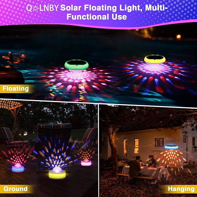 Solar Pool Lights(4 PACK), USB Rechargeable Floating Pool Lights, 6.69 Inch IP68 Waterproof 6 Dynamic Modes Upper and Lower Color Changing 2600mAh Hangable Floating Light with Remote for Bathtub