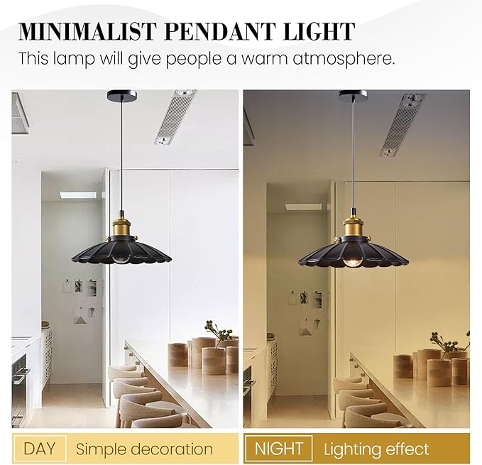 2Pack Black Pendant Light, 9.8 Inch Retro Hanging Lamp for Bedroom, Glossy Hanging Kitchen Lights Living Room 6.5Ft Height Adjustable Indoor Pleated Pendant Light