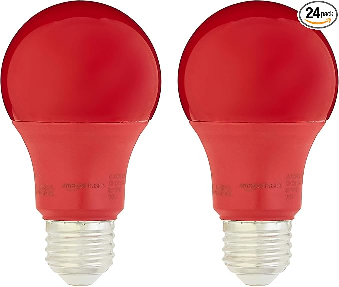 Amazon Basics A19 Red Color Party LED Light Bulbs,60W Equivalent,9W Energy Efficient,E26 Standard Base,Non-Dimmable,10,000 Hour Lifetime,2 Count (Pack of 12)