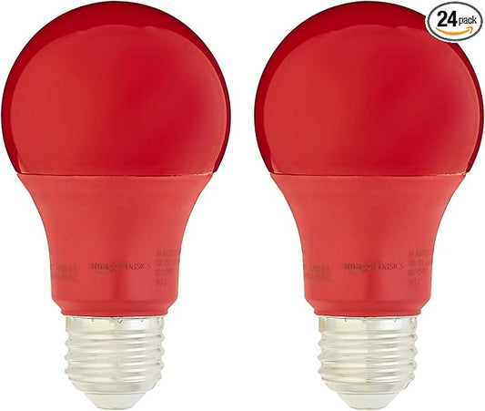 Amazon Basics A19 Red Color Party LED Light Bulbs,60W Equivalent,9W Energy Efficient,E26 Standard Base,Non-Dimmable,10,000 Hour Lifetime,2 Count (Pack of 12)