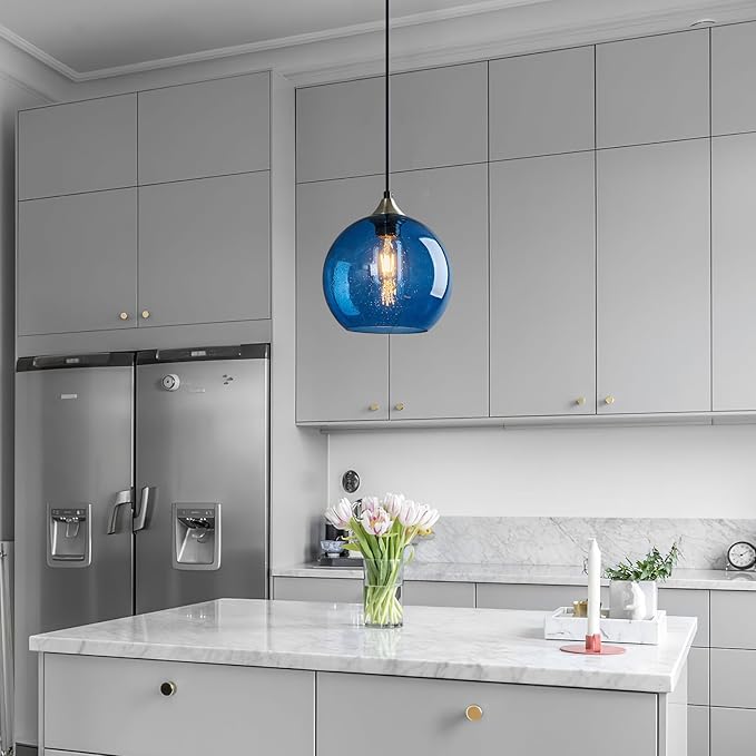Blue Glass Pendant Lights Kitchen Island Lighting Globe Pendant Light Fixtures Modern Pendant Lighting for Kitchen Island Bedroom Living Dining Room Light Fixture(7.87in, 2-Pack)