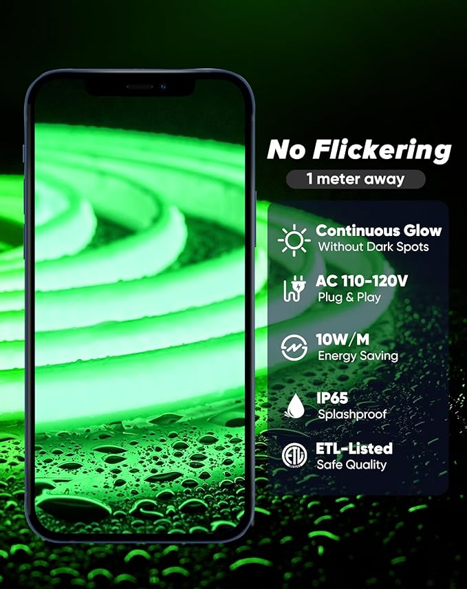 Shine Decor COB LED Rope Light AC 120V, 800lm Ultra Bright, IP65 Waterproof Cold-Resistant ETL Neon Strip, No Driver Tape Lighting for Home Commercial 10x4.5mm, Green, 32.8ft