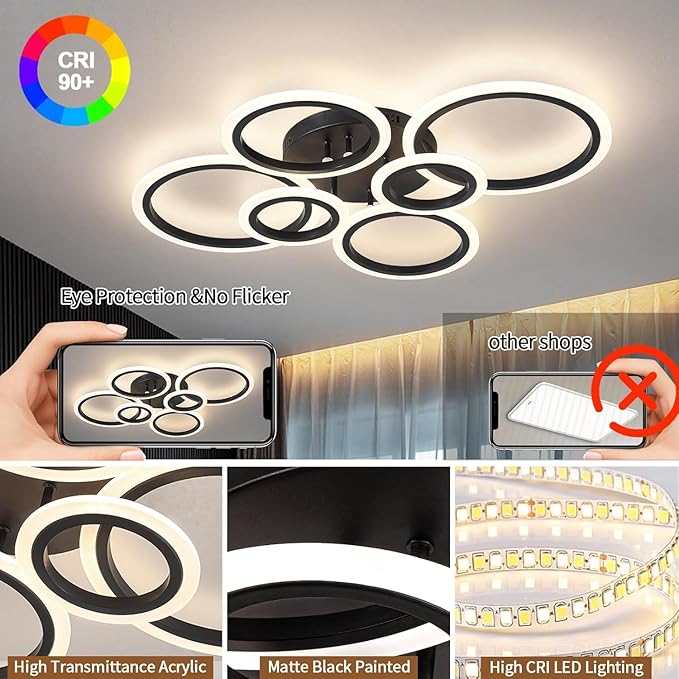 6 Rings Black Modern LED Ceiling Light Fixture, Flush Mount Ceiling Light with Remote Dimmable Brightness, Adjustable 3000-6000K Color Temperature, Timer for Living Room, Bedroom