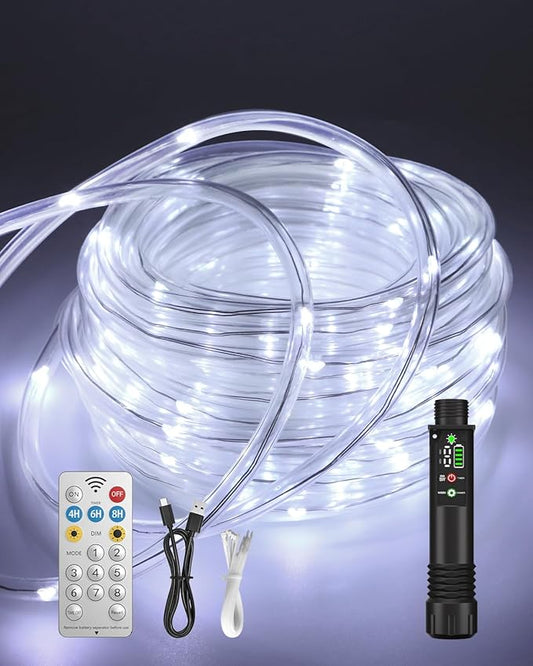 Rechargeable Rope Lights, 39FT 120LED Outdoor Waterproof String Lights with 1200mah Portable Rechargeable Battery, Timing & 8 Modes for Party Christmas Camping DIY Tree trampoline - Cool White 1 Pack